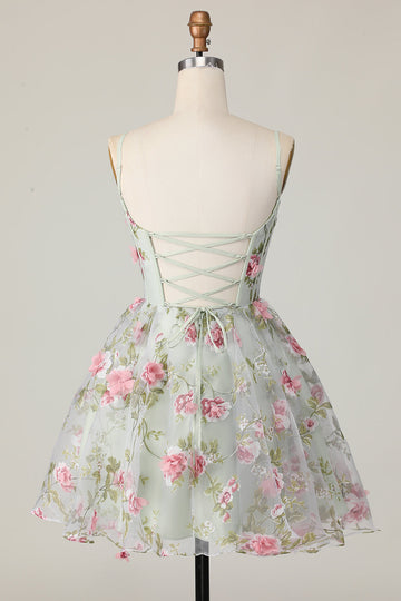 Sage Flower A-Line Korset Homecoming Kjole med Lace Up Tilbage